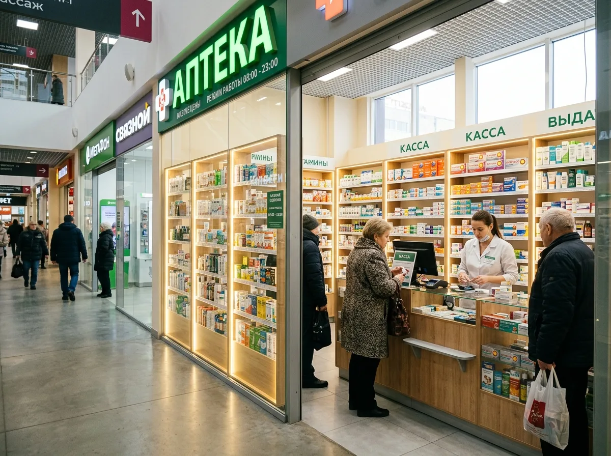 Торговый центр Люблино, аптека на первом этаже с витриной препаратов, светлый интерьер, покупатели у прилавка